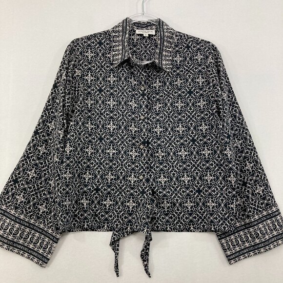Lolita Jaca St Barth Medium Black White Abstract Artsy Tie Front Button Down - Picture 1 of 8